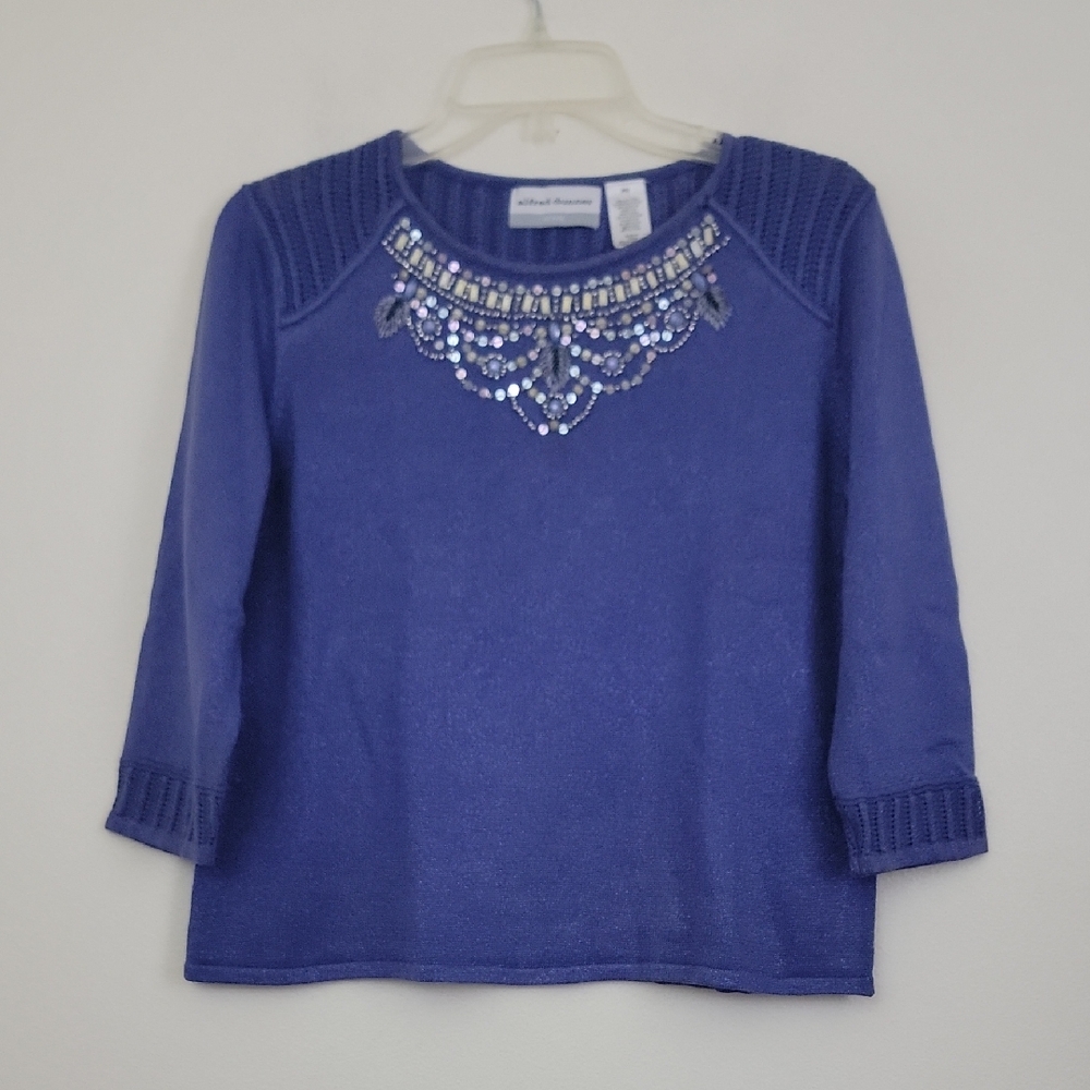Alfred Dunner Purple Sparkly Sequins & Beaded Pullover Short Sweater MP Petite M